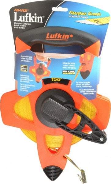 Lufkin - 150' x 1/2" Yellow Blade Tape Measure - 1/8" Graduation, C1 Graduation Style, Orange/Yellow/Black Case - Benchmark Tooling