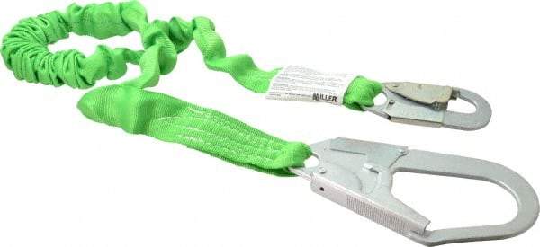 Miller - 6' Long, 310 Lb Capacity, 1 Leg Locking Snap Hook Harness Shock Absorbing Lanyard - 1" Diam, Polyester Webbing, Locking Rebar Hook Anchorage Connection - Benchmark Tooling