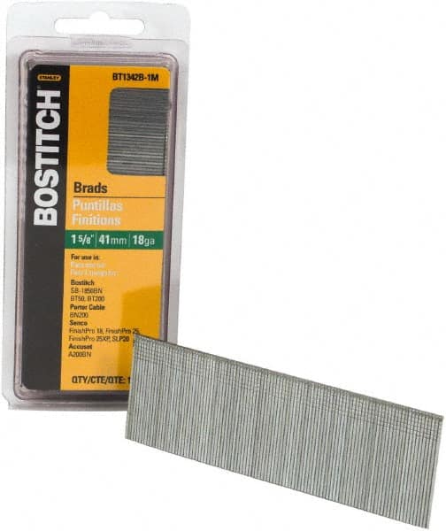 Stanley Bostitch - 18 Gauge 0.05" Shank Diam 1-5/8" Long Brad Nails for Power Nailers - Steel, Bright Finish, Ring Shank, Straight Stick Adhesive Collation, Brad Head, Chisel Point - Benchmark Tooling