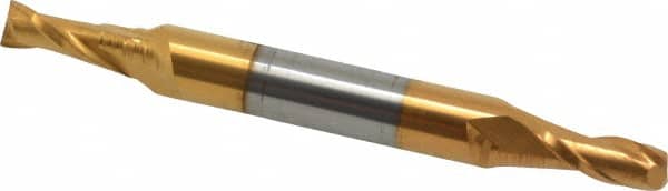 Hertel - 1/4", 5/8" LOC, 3/8" Shank Diam, 3-1/2" OAL, 2 Flute, Solid Carbide Square End Mill - Double End, TiN Finish, 30° Helix, Centercutting, Right Hand Cut - Benchmark Tooling