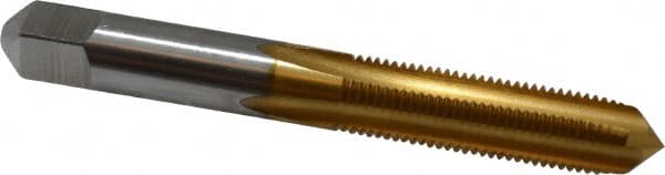 Hertel - 3/8-24 UNF 3B 4 Flute TiN Finish High Speed Steel Straight Flute Standard Hand Tap - Plug, Right Hand Thread, 2-15/16" OAL, 1-1/4" Thread Length, H3 Limit - Exact Industrial Supply