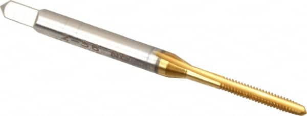 Hertel - #2-56 UNC 2B 3 Flute TiN Finish High Speed Steel Straight Flute Standard Hand Tap - Plug, Right Hand Thread, 1-3/4" OAL, 7/16" Thread Length, H2 Limit - Exact Industrial Supply