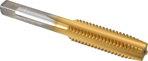Hertel - 7/16-14 UNC 4 Flute TiN Finish High Speed Steel Straight Flute Standard Hand Tap - Plug, Right Hand Thread, 3-5/32" OAL, 1-7/16" Thread Length, H3 Limit - Exact Industrial Supply