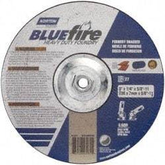 Norton - 20 Grit, 9" Wheel Diam, 1/4" Wheel Thickness, Type 27 Depressed Center Wheel - Zirconia Alumina/Silicon Carbide Blend, R Hardness, 6,600 Max RPM, Compatible with Angle Grinder - Benchmark Tooling