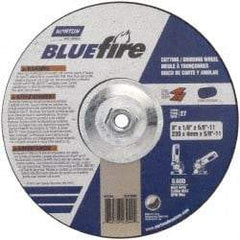 Norton - 30 Grit, 9" Wheel Diam, 1/8" Wheel Thickness, Type 27 Depressed Center Wheel - Zirconia Alumina, U Hardness, 6,000 Max RPM, Compatible with Angle Grinder - Benchmark Tooling