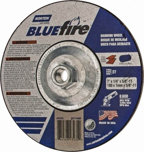 Norton - 24 Grit, 7" Wheel Diam, 1/4" Wheel Thickness, Type 27 Depressed Center Wheel - Zirconia Alumina, S Hardness, 8,600 Max RPM, Compatible with Angle Grinder - Benchmark Tooling