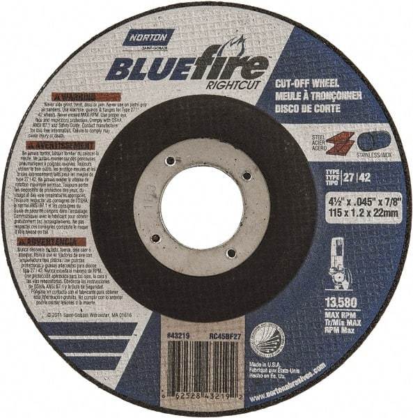 Norton - 24 Grit, 4-1/2" Wheel Diam, 1/16" Wheel Thickness, 7/8" Arbor Hole, Type 27 Depressed Center Wheel - Zirconia Alumina, R Hardness, 13,580 Max RPM, Compatible with Angle Grinder - Benchmark Tooling