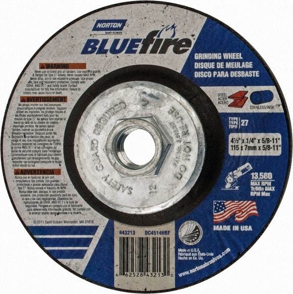 Norton - 24 Grit, 4-1/2" Wheel Diam, 1/4" Wheel Thickness, Type 27 Depressed Center Wheel - Zirconia Alumina, S Hardness, 13,580 Max RPM, Compatible with Angle Grinder - Benchmark Tooling