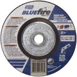 Norton - 24 Grit, 4-1/2" Wheel Diam, 1/4" Wheel Thickness, Type 27 Depressed Center Wheel - Zirconia Alumina, S Hardness, 13,580 Max RPM, Compatible with Angle Grinder - Benchmark Tooling