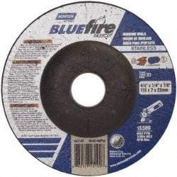 Norton - 24 Grit, 4-1/2" Wheel Diam, 1/4" Wheel Thickness, 7/8" Arbor Hole, Type 27 Depressed Center Wheel - Zirconia Alumina, S Hardness, 13,580 Max RPM, Compatible with Angle Grinder - Benchmark Tooling