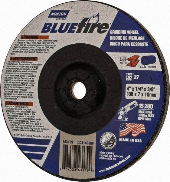 Norton - 24 Grit, 4" Wheel Diam, 1/4" Wheel Thickness, 3/8" Arbor Hole, Type 27 Depressed Center Wheel - Zirconia Alumina, S Hardness, 15,280 Max RPM, Compatible with Angle Grinder - Benchmark Tooling