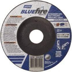 Norton - 30 Grit, 4-1/2" Wheel Diam, 1/8" Wheel Thickness, 7/8" Arbor Hole, Type 27 Depressed Center Wheel - Zirconia Alumina, T Hardness, 13,580 Max RPM, Compatible with Angle Grinder - Benchmark Tooling