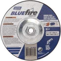 Norton - 24 Grit, 7" Wheel Diam, 1/4" Wheel Thickness, Type 27 Depressed Center Wheel - Zirconia Alumina, S Hardness, 8,600 Max RPM, Compatible with Angle Grinder - Benchmark Tooling