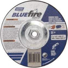 Norton - 24 Grit, 7" Wheel Diam, 1/4" Wheel Thickness, Type 27 Depressed Center Wheel - Zirconia Alumina, S Hardness, 8,600 Max RPM, Compatible with Angle Grinder - Benchmark Tooling