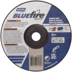 Norton - 24 Grit, 7" Wheel Diam, 1/4" Wheel Thickness, 7/8" Arbor Hole, Type 27 Depressed Center Wheel - Zirconia Alumina, S Hardness, 8,600 Max RPM, Compatible with Angle Grinder - Benchmark Tooling