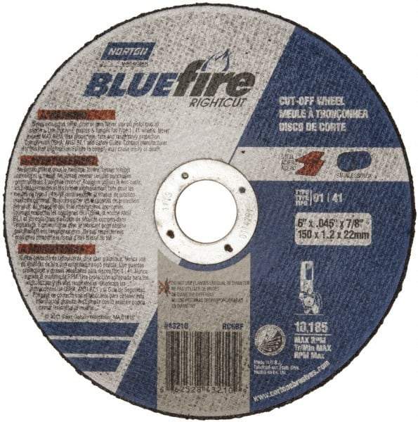 Norton - 6" 36 Grit Zirconia Alumina Cutoff Wheel - 1/16" Thick, 7/8" Arbor, 10,185 Max RPM, Use with Angle Grinders - Benchmark Tooling