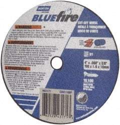 Norton - 4" 46 Grit Zirconia Alumina Cutoff Wheel - 0.035" Thick, 3/8" Arbor, 19,100 Max RPM, Use with Angle Grinders - Benchmark Tooling