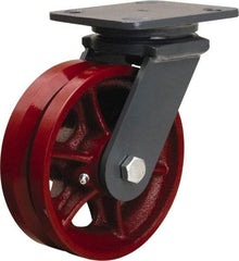 Hamilton - 6" Diam x 2" Wide, Iron Swivel Caster - 1,000 Lb Capacity, Top Plate Mount, 4" x 5" Plate, Straight Roller Bearing - Benchmark Tooling