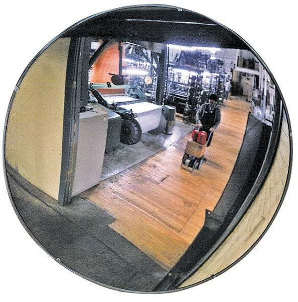 PRO-SAFE - Indoor Round Convex Safety, Traffic & Inspection Mirrors - Glass Lens, Laminated Hardboard Backing, 13" Diam x 1-1/8" High, 15' Max Covered Distance - Benchmark Tooling