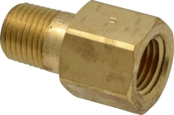 Parker - 1/4 Male Thread x 1/4 Female Thread, Brass Industrial Pipe Adapter - MBSPT x FNPTF, 1,000 psi - Benchmark Tooling