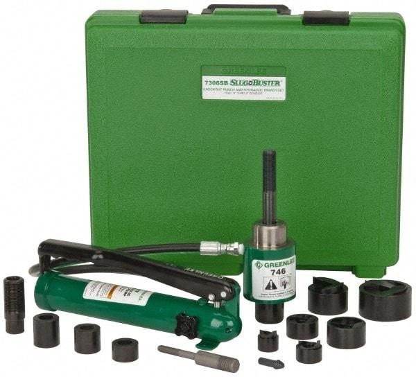 Greenlee - 17 Piece, 2" Punch Hole Diam, Hydraulic Knockout Set - Round Punch, 10 Gage Mild Steel - Benchmark Tooling