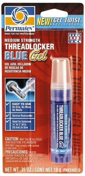 Permatex - 10 Gal Tube, Blue, Medium Strength Gel Threadlocker - Series 240, 24 hr Full Cure Time, Hand Tool Removal - Benchmark Tooling