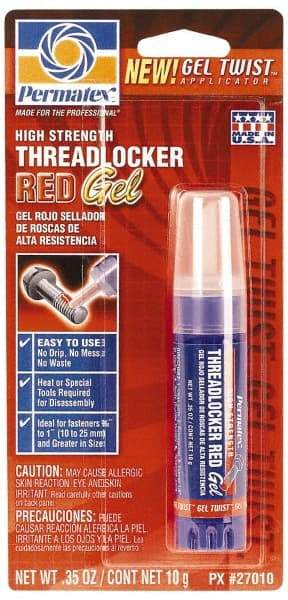 Permatex - 10 Gal Tube, Red, High Strength Gel Threadlocker - Series 270, 24 hr Full Cure Time, Hand Tool, Heat Removal - Benchmark Tooling