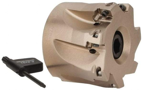 Seco - 7 Inserts, 2" Cut Diam, 3/4" Arbor Diam, 0.354" Max Depth of Cut, Indexable Square-Shoulder Face Mill - 0° Lead Angle, 1.575" High, XO.X 10T3.. Insert Compatibility, Through Coolant, Series Turbo 10 - Benchmark Tooling