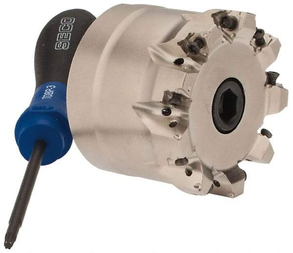Seco - 9 Inserts, 2" Cut Diam, 3/4" Arbor Diam, 0.157" Max Depth of Cut, Indexable Square-Shoulder Face Mill - 0° Lead Angle, 1.57" High, XNEX 04.. Insert Compatibility, Through Coolant, Series Square 6 - Benchmark Tooling
