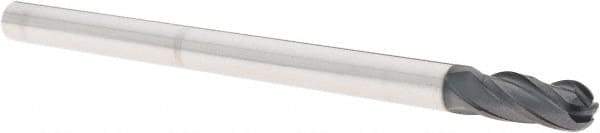 Iscar - 1/4" Diam, 1/2" LOC, 4 Flute Solid Carbide Ball End Mill - TiAlN Finish, Single End, 4" OAL, 1/4" Shank Diam, Spiral Flute - Benchmark Tooling