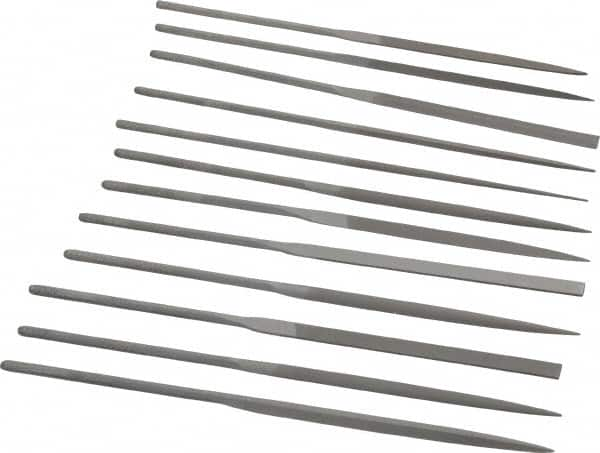 Grobet - 12 Piece Swiss Pattern File Set - 5-1/2" Long, 0 Coarseness, Set Includes Barrette, Crossing, Equalling, Half Round, Knife, Marking, Round, Round Edge Joint, Slitting, Square, Three Square, Warding - Benchmark Tooling