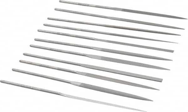 Grobet - 12 Piece Swiss Pattern File Set - 6-1/4" Long, 2 Coarseness, Set Includes Barrette, Crossing, Equalling, Half Round, Knife, Marking, Round, Round Edge Joint, Slitting, Square, Three Square, Warding - Benchmark Tooling