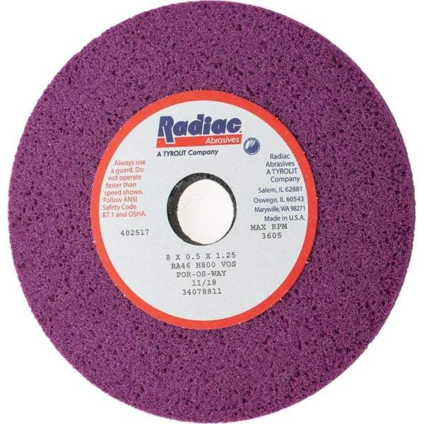 Radiac Abrasives - 8" Diam x 1-1/4" Hole x 1/2" Thick, H Hardness, 46 Grit Surface Grinding Wheel - Aluminum Oxide, Type 1, Coarse Grade, 3,600 Max RPM, Vitrified Bond, No Recess - Benchmark Tooling