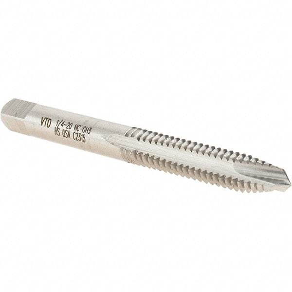 Vermont Tap & Die - 1/4-20 UNC, 3 Flute, Bright Finish, High Speed Steel Spiral Point Tap - Plug Chamfer, Right Hand Thread, 2-1/2" OAL, 1" Thread Length, 6.48mm Shank Diam, 2/3B Class of Fit, Series 3112 - Exact Industrial Supply
