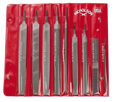 Nicholson - 9 Piece American Pattern File Set - 6", 8", 10" Long, Bastard/Smooth Coarseness, Set Includes Flat, Half Round, Mill, Round, Slim Taper - Benchmark Tooling