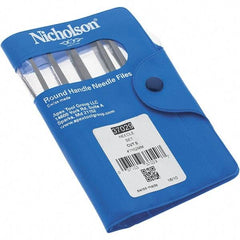 Nicholson - 12 Piece Swiss Pattern File Set - 4" Long, 0 Coarseness, Round Handle, Set Includes Barrette, Crossing, Equalling, Flat, Half Round, Knife, Round, Slitting, Square, Three Square - Benchmark Tooling