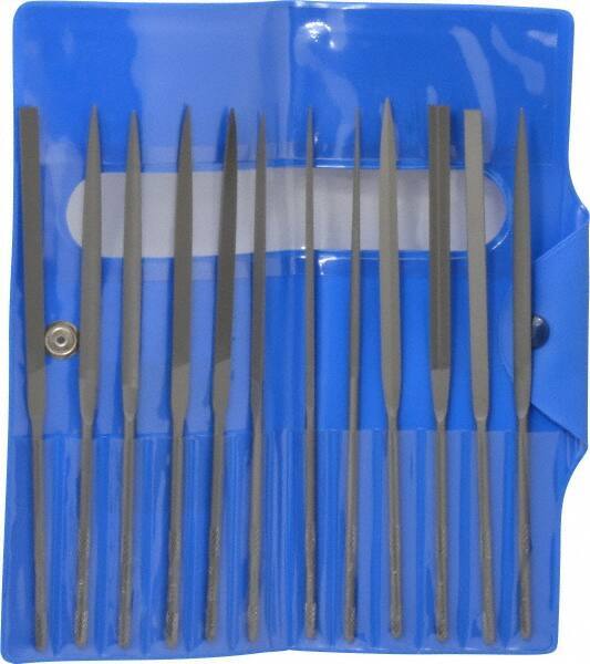 Nicholson - 12 Piece Swiss Pattern File Set - 5-1/2" Long, 2 Coarseness, Round Handle, Set Includes Barrette, Crossing, Equalling, Flat, Half Round, Knife, Round, Slitting, Square, Three Square - Benchmark Tooling