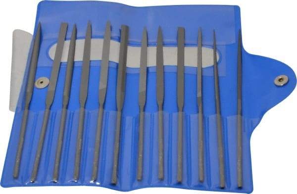 Nicholson - 12 Piece Swiss Pattern File Set - 5-1/2" Long, 4 Coarseness, Round Handle, Set Includes Barrette, Crossing, Equalling, Flat, Half Round, Knife, Round, Slitting, Square, Three Square - Benchmark Tooling