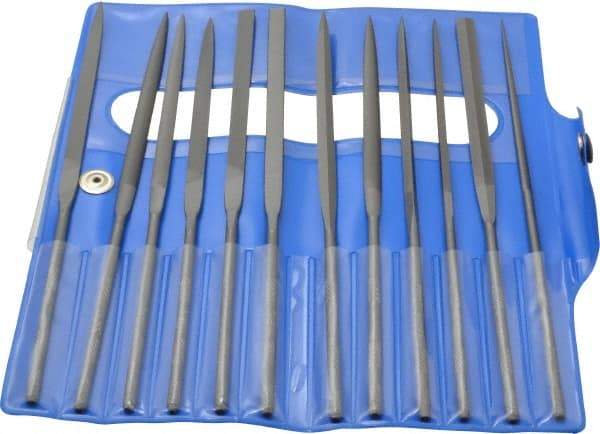 Nicholson - 12 Piece Swiss Pattern File Set - 6-1/4" Long, 2 Coarseness, Round Handle, Set Includes Barrette, Crossing, Equalling, Flat, Half Round, Knife, Round, Slitting, Square, Three Square - Benchmark Tooling