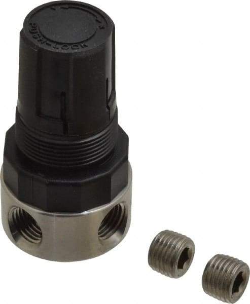 Parker - 1/4 NPT Port, 12 CFM, Stainless Steel Miniature Regulator - 0 to 125 psi Range, 300 Max psi Supply Pressure, 1/4" Gauge Port Thread, 1.56" Wide x 3.06" High - Benchmark Tooling