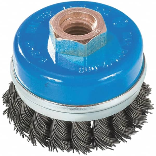 WALTER Surface Technologies - 3" Diam, 5/8-11 Threaded Arbor, Stainless Steel Fill Cup Brush - 0.02 Wire Diam, 12,000 Max RPM - Benchmark Tooling