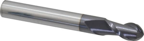 Accupro - 1/2" Diam, 1" LOC, 2 Flute Solid Carbide Ball End Mill - AlTiN Finish, Single End, 4" OAL, 1/2" Shank Diam, Spiral Flute - Benchmark Tooling