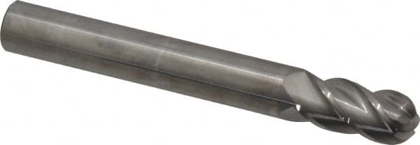 Accupro - 1/2" Diam, 1" LOC, 4 Flute Solid Carbide Ball End Mill - Uncoated, Single End, 4" OAL, 1/2" Shank Diam, Spiral Flute - Benchmark Tooling