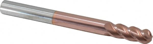 Accupro - 3/8" Diam, 1" LOC, 4 Flute Solid Carbide Ball End Mill - TiCN Finish, Single End, 4" OAL, 3/8" Shank Diam, Spiral Flute - Benchmark Tooling