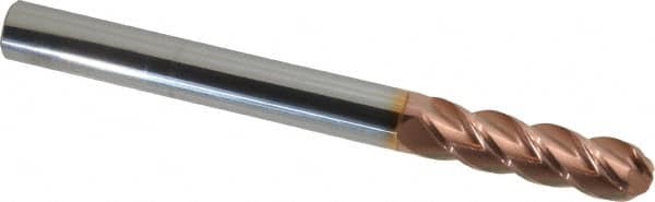 Accupro - 9/16" Diam, 2" LOC, 4 Flute Solid Carbide Ball End Mill - TiCN Finish, Single End, 6" OAL, 9/16" Shank Diam, Spiral Flute - Benchmark Tooling