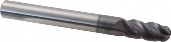 Accupro - 7/16" Diam, 1" LOC, 4 Flute Solid Carbide Ball End Mill - AlTiN Finish, Single End, 4" OAL, 7/16" Shank Diam, Spiral Flute - Benchmark Tooling