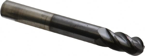 Accupro - 1/2" Diam, 1" LOC, 4 Flute Solid Carbide Ball End Mill - AlTiN Finish, Single End, 4" OAL, 1/2" Shank Diam, Spiral Flute - Benchmark Tooling