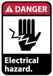 NMC - Accident Prevention Label, Header: DANGER - Legend: Danger - Electrical Hazard, English, Red, Black & White, 5" Long x 3" High, Sign Muscle Finish - Benchmark Tooling