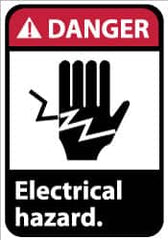 NMC - Accident Prevention Label, Header: DANGER - Legend: Danger - Electrical Hazard, English, Red, Black & White, 5" Long x 3" High, Sign Muscle Finish - Benchmark Tooling