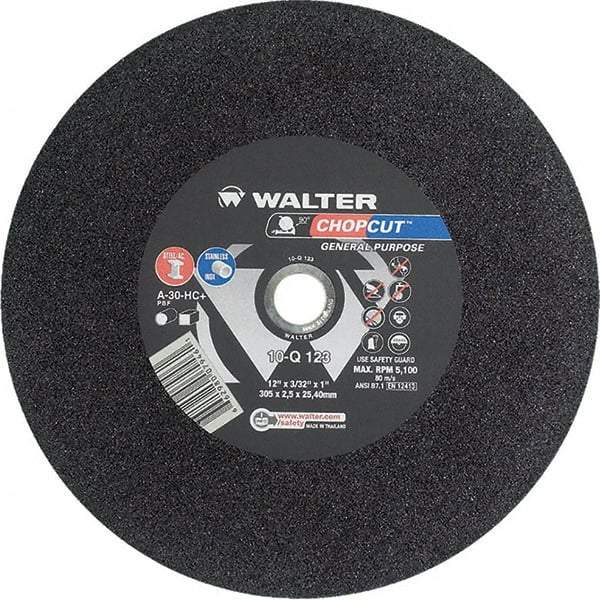 WALTER Surface Technologies - 12" 30 Grit Aluminum Oxide Cutoff Wheel - 3/32" Thick, 1" Arbor, 5,100 Max RPM, Use with Chop Saws - Benchmark Tooling